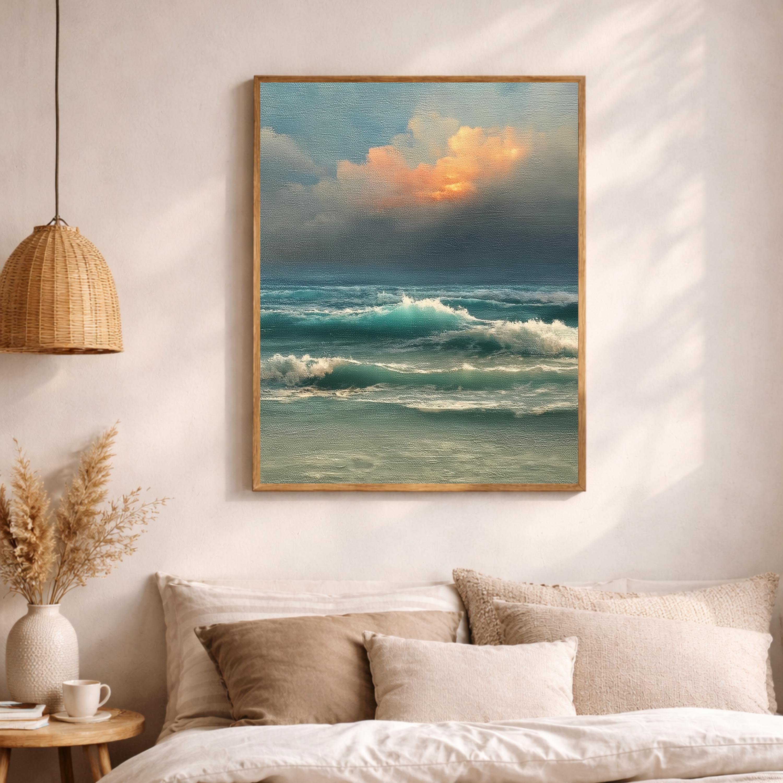 Ocean Waves Wall Art, Moody Seascape Print, Dramatic Ocean Artwork, Coastal Sunset Framed Canvas, Beach House Decor