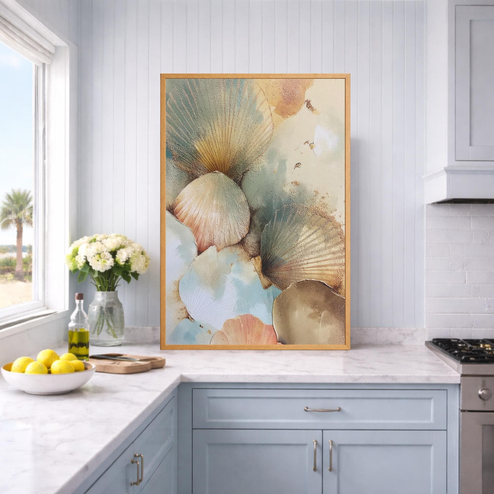 Seashell Wall Art, Coastal Neutral Abstract Framed Canvas, Soft Beach Shell Print, Ocean Inspired Decor, Minimalist Coastal Artwork