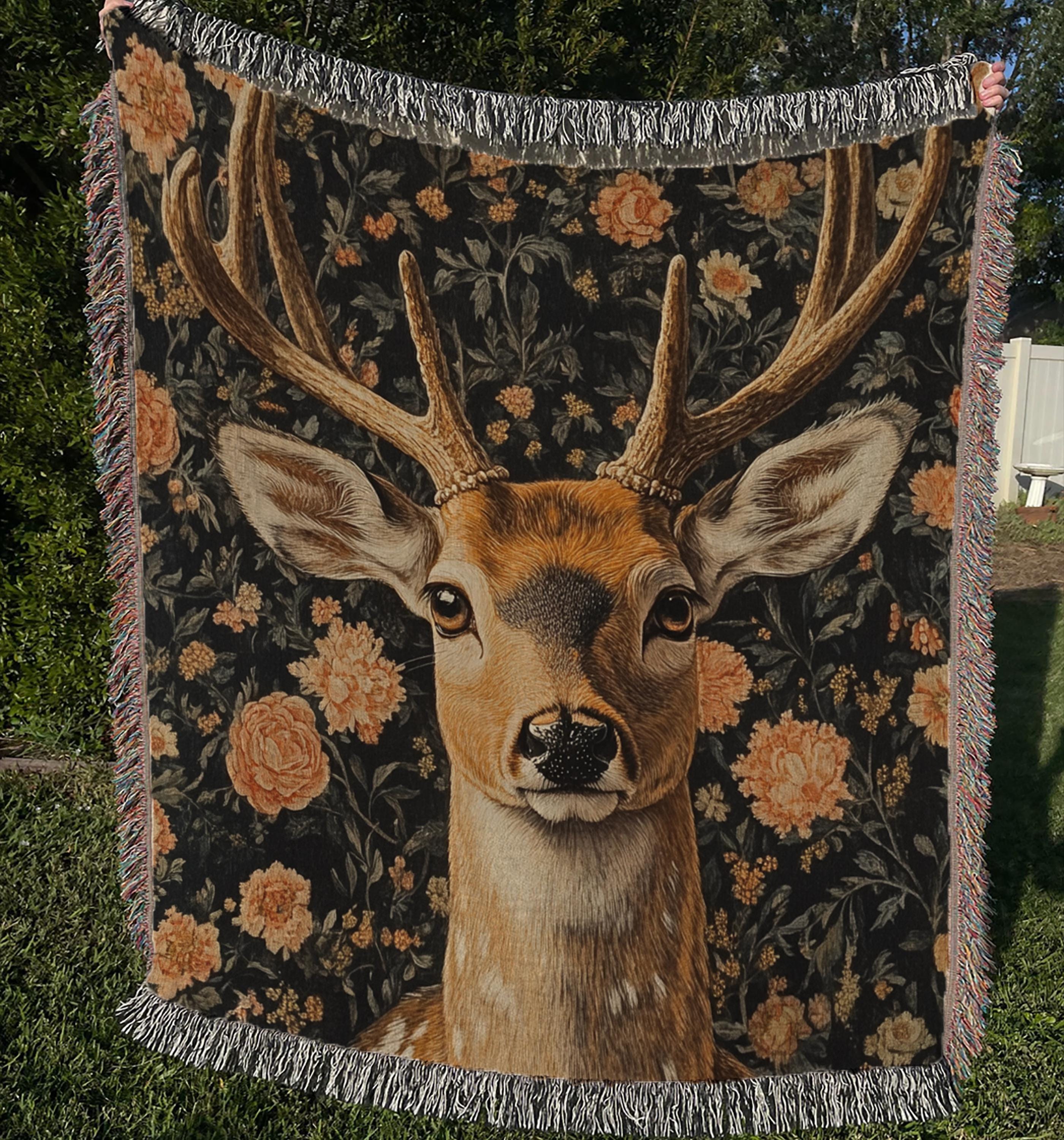 Woodland Deer Woven Blanket, William Morris Inspired Throw Blanket, Cozy Vintage Nature Sofa Bed Blanket, Cottagecore Living Room Accent