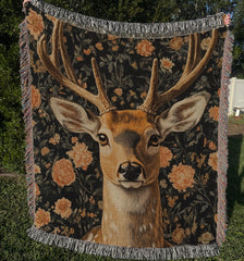 Woodland Deer Woven Blanket, William Morris Inspired Throw Blanket, Cozy Vintage Nature Sofa Bed Blanket, Cottagecore Living Room Accent