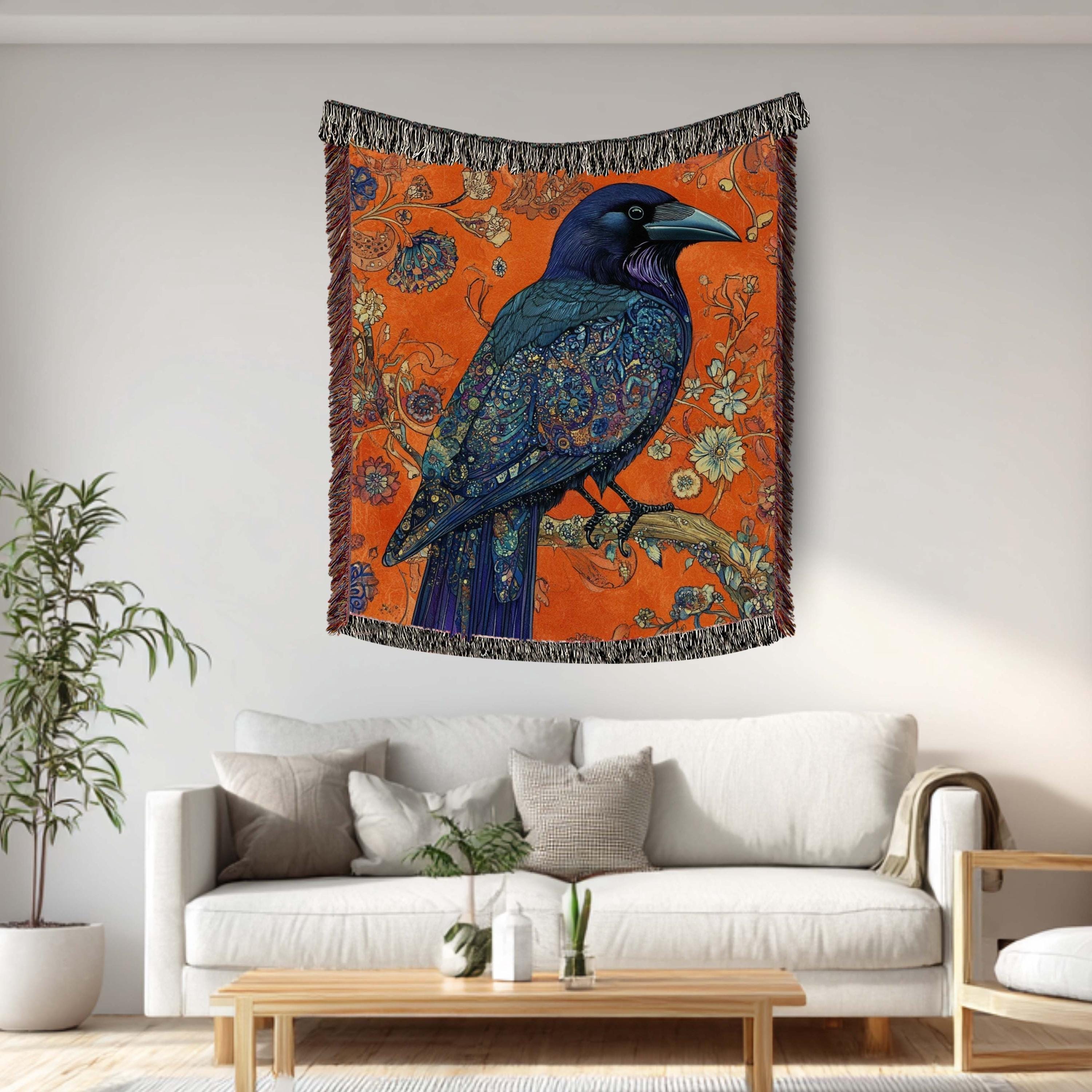 Raven Floral Woven Blanket, Gothic Botanical Bird Art Throw, Bold Nature Tapestry