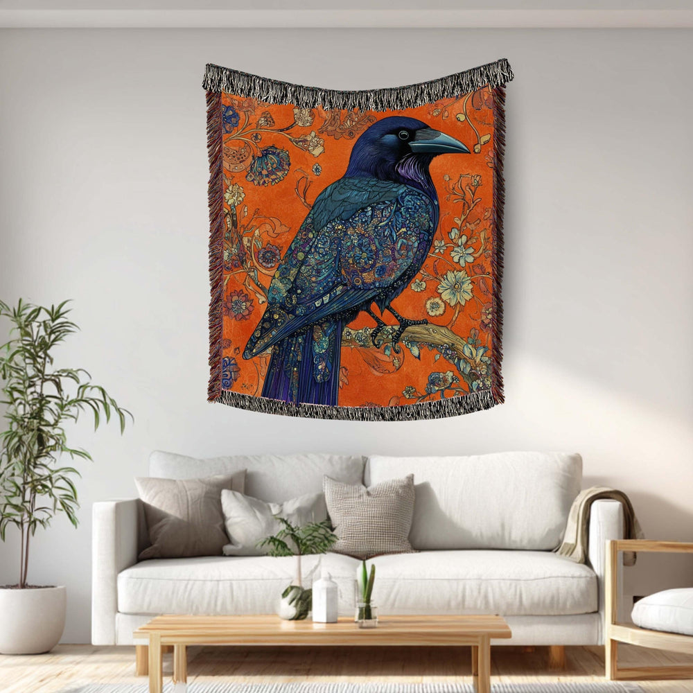 Raven Floral Woven Blanket, Gothic Botanical Bird Art Throw, Bold Nature Tapestry