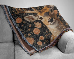 Woodland Deer Woven Blanket, William Morris Inspired Throw Blanket, Cozy Vintage Nature Sofa Bed Blanket, Cottagecore Living Room Accent