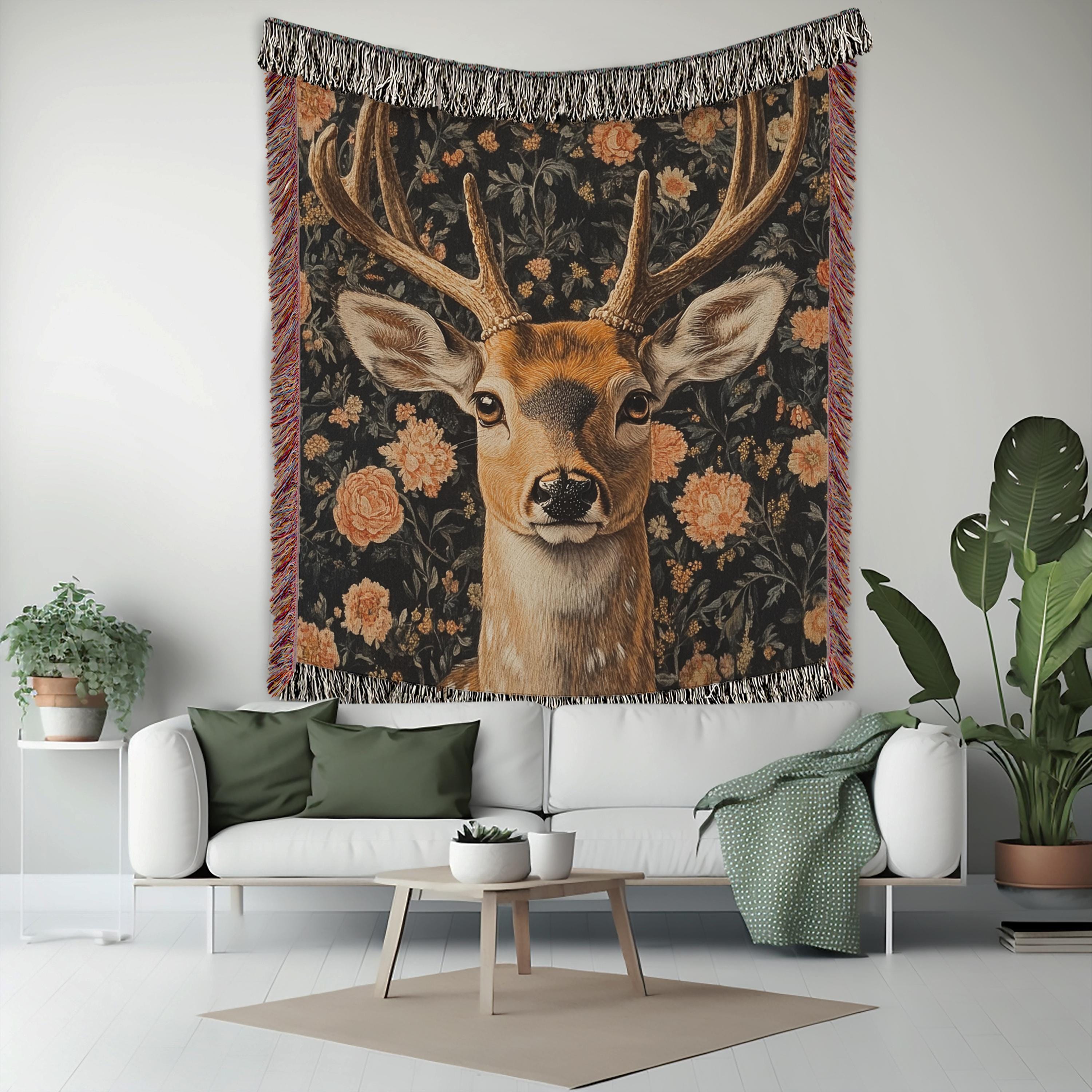 Woodland Deer Woven Blanket, William Morris Inspired Throw Blanket, Cozy Vintage Nature Sofa Bed Blanket, Cottagecore Living Room Accent