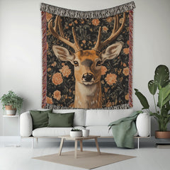 Woodland Deer Woven Blanket, William Morris Inspired Throw Blanket, Cozy Vintage Nature Sofa Bed Blanket, Cottagecore Living Room Accent