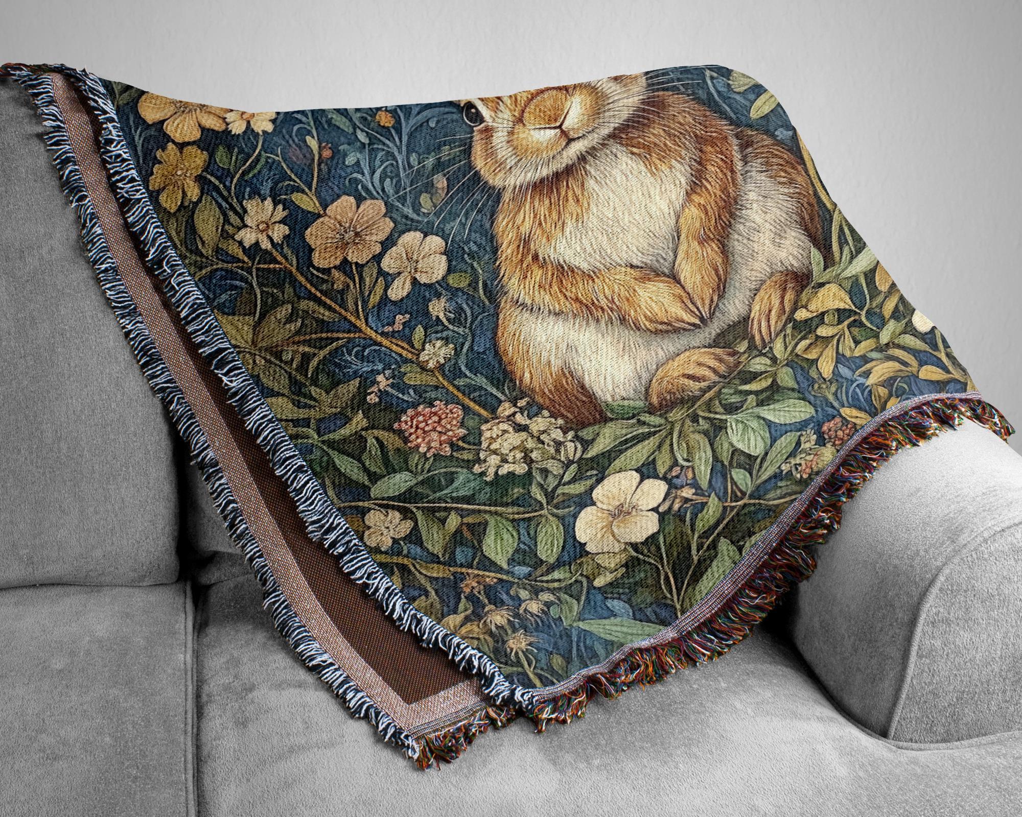 Woodland Rabbit Woven Blanket, Cottagecore Throw Blanket Couch, Woven Cotton Blanket, William Morris Inspired Blanket, Cozy Picnic Blanket