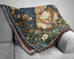 Woodland Rabbit Woven Blanket, Cottagecore Throw Blanket Couch, Woven Cotton Blanket, William Morris Inspired Blanket, Cozy Picnic Blanket