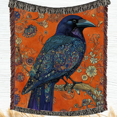 Raven Floral Woven Blanket, Gothic Botanical Bird Art Throw, Bold Nature Tapestry