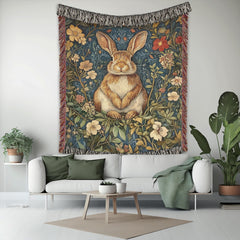 Woodland Rabbit Woven Blanket, Cottagecore Throw Blanket Couch, Woven Cotton Blanket, William Morris Inspired Blanket, Cozy Picnic Blanket