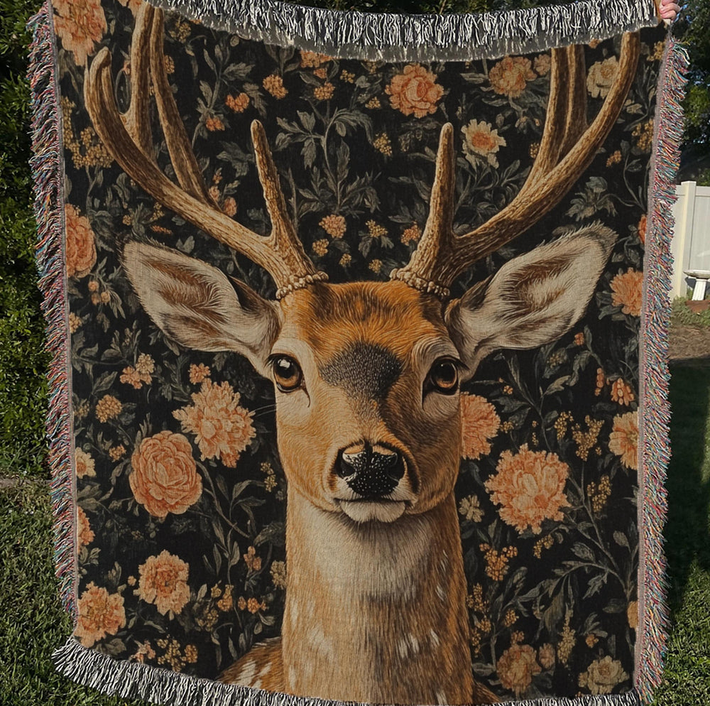 Woodland Deer Woven Blanket, William Morris Inspired Throw Blanket, Cozy Vintage Nature Sofa Bed Blanket, Cottagecore Living Room Accent