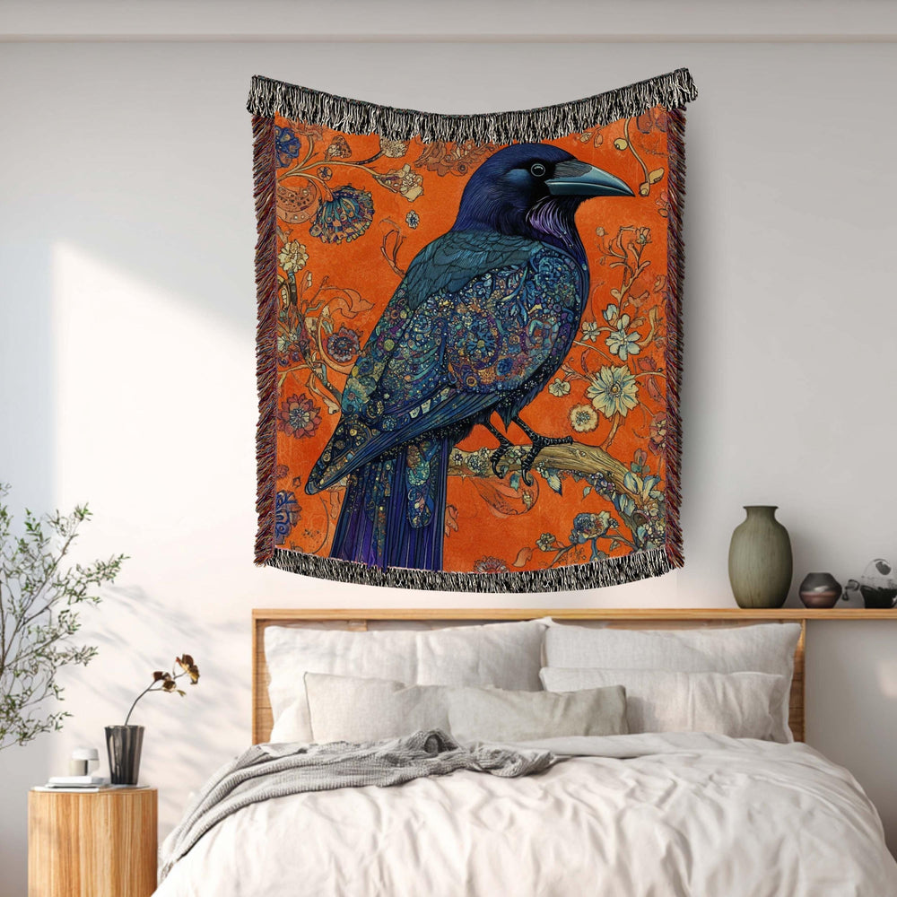 Raven Floral Woven Blanket, Gothic Botanical Bird Art Throw, Bold Nature Tapestry