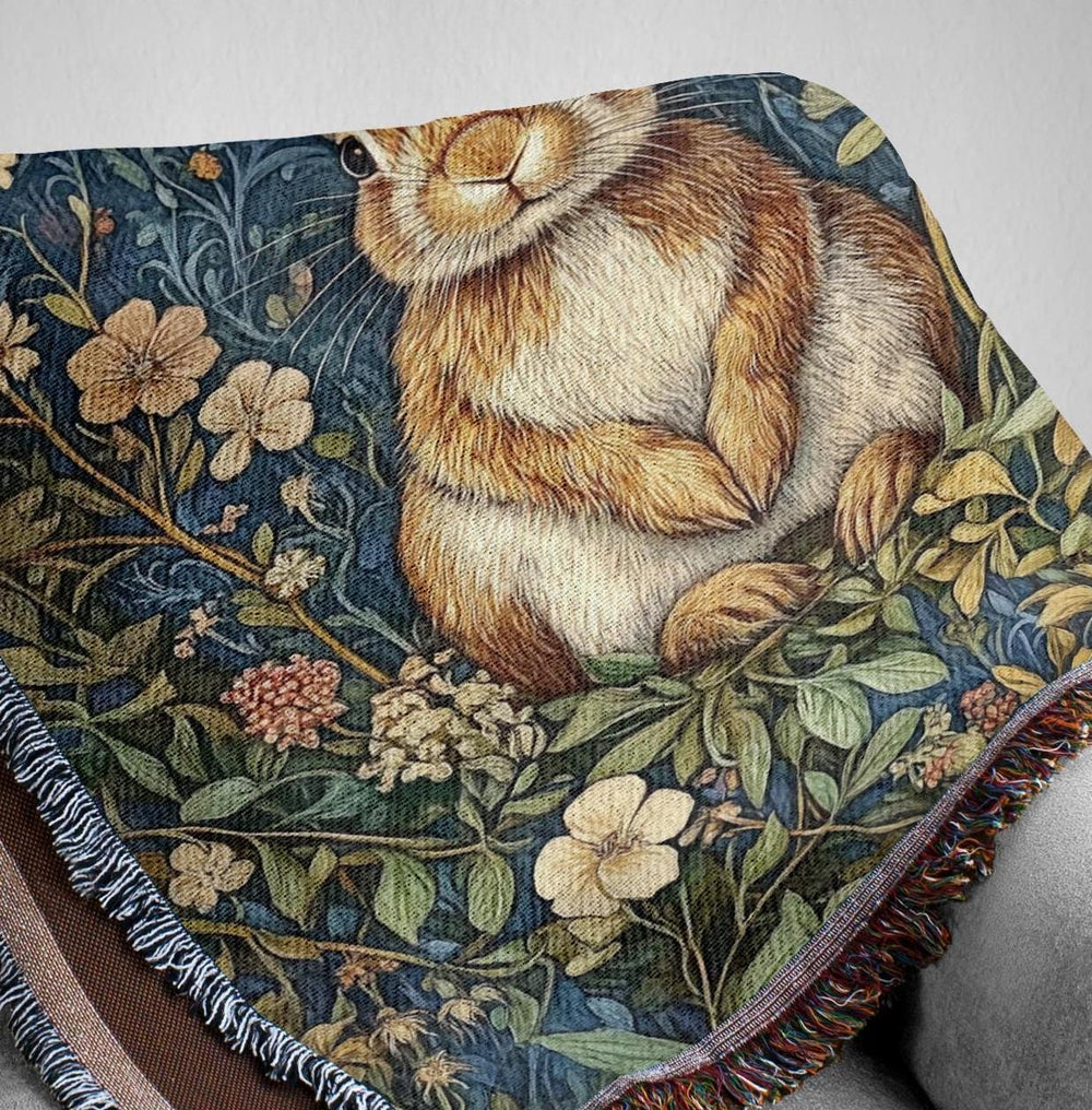 Woodland Rabbit Woven Blanket, Cottagecore Throw Blanket Couch, Woven Cotton Blanket, William Morris Inspired Blanket, Cozy Picnic Blanket