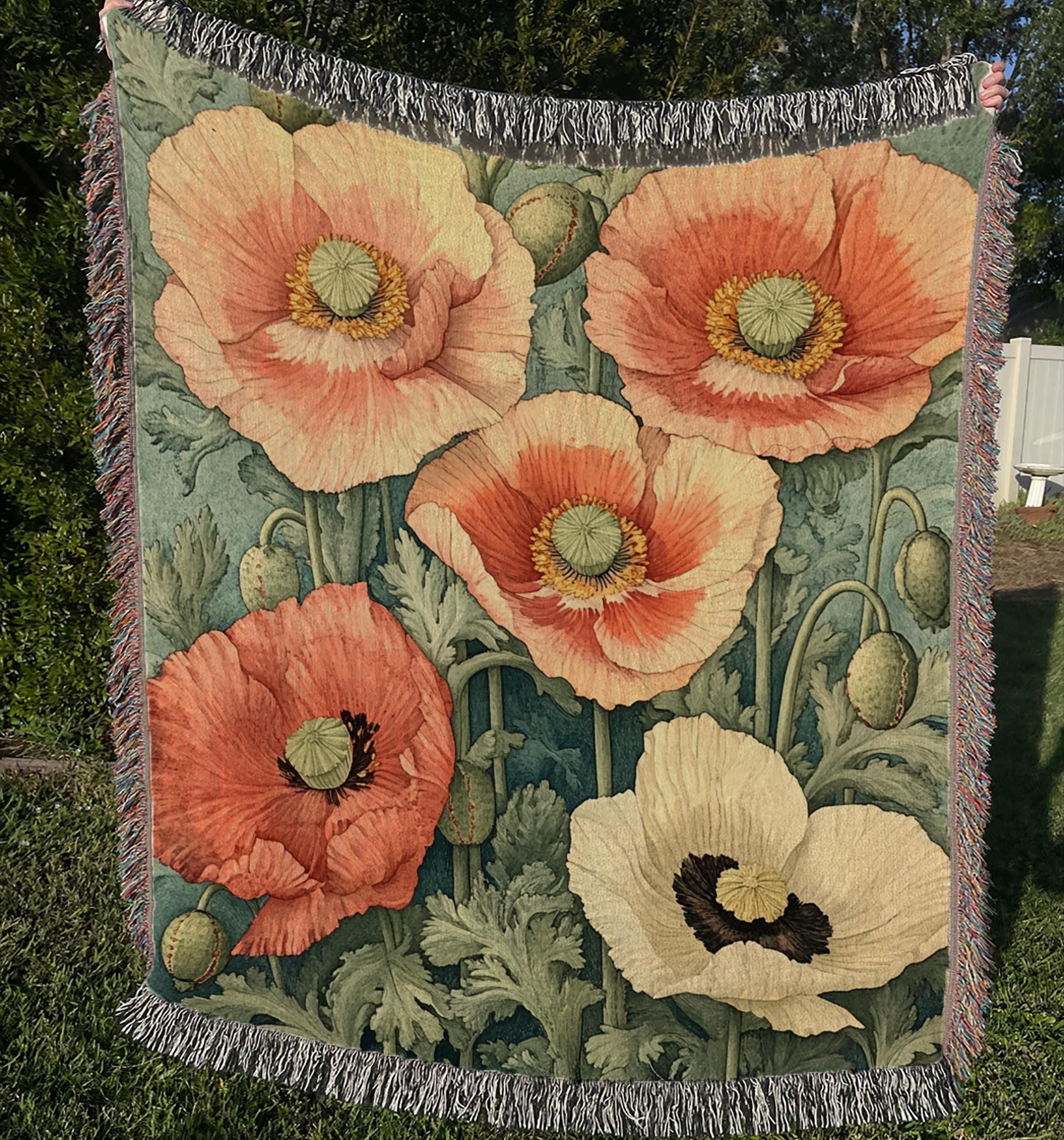 William Morris Inspired Blanket, Vintage Floral Blanket, Picnic Blanket, Woven Cotton Blanket, Cozy Reading Blanket, Poppies Throw Blanket