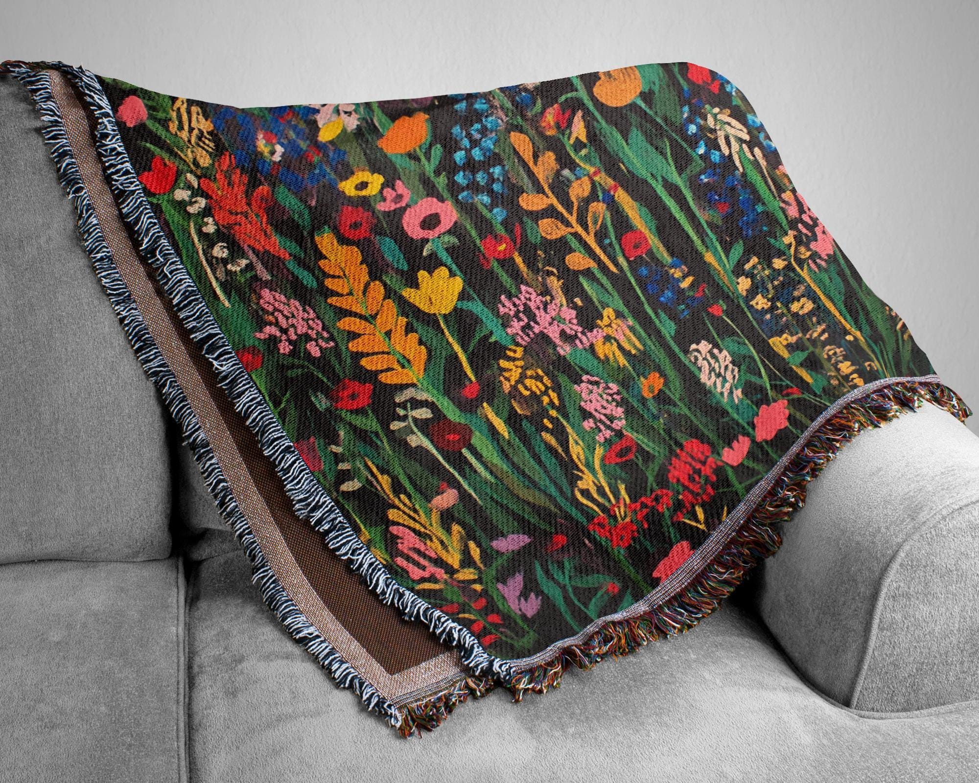 Floral Throw Woven Blanket, Throw Blanket, Picnic Blanket, Wildflower Woven Cotton Blanket, Picnic Blanket, William Morris Inspired Blanket