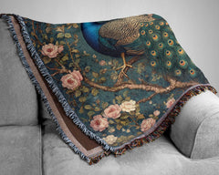 Vintage Peacock Throw Blanket, William Morris Inspired Woven Cotton Decor, Cozy Nature Bed Sofa Accent, Artistic Picnic Reading Home Blanket