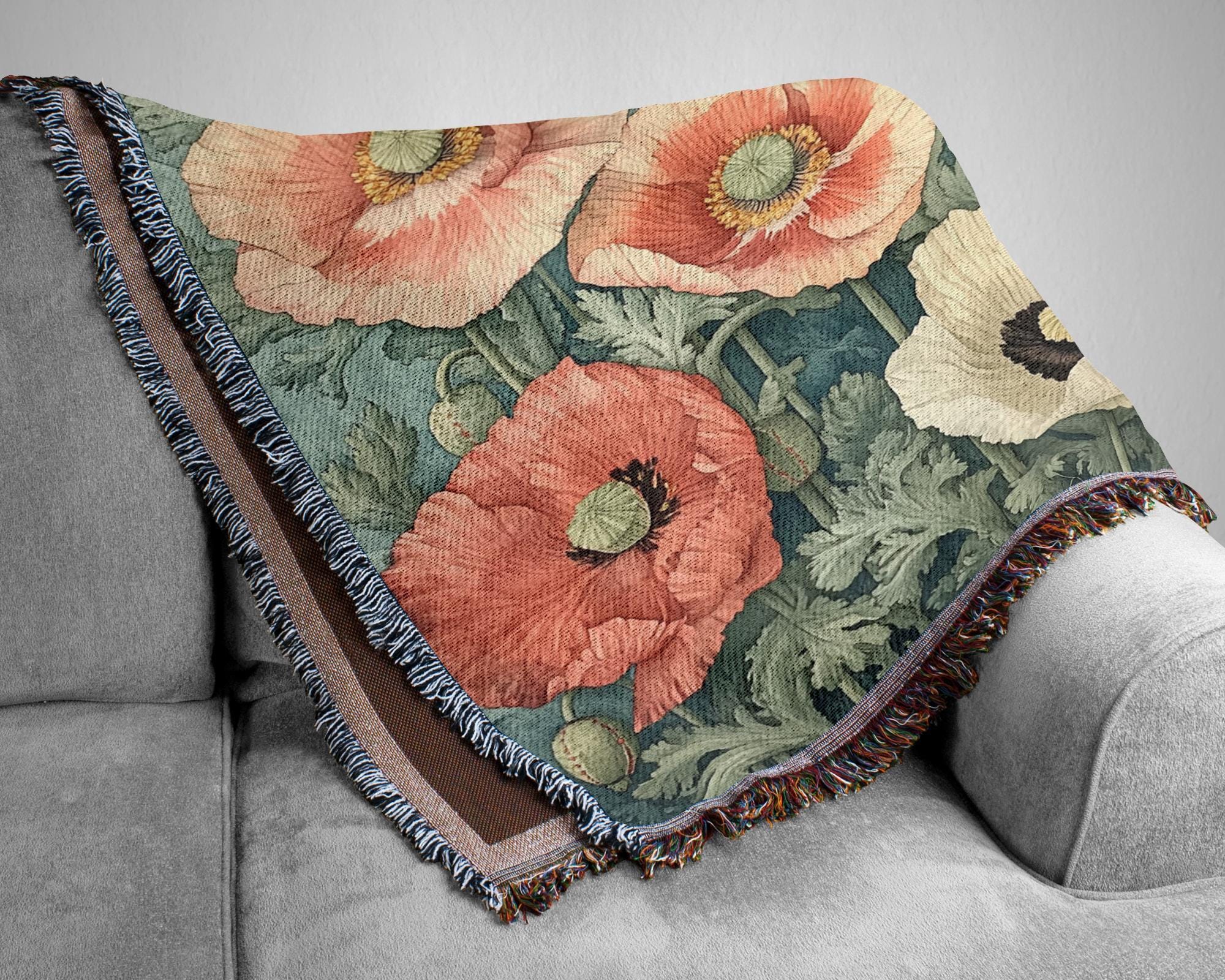 William Morris Inspired Blanket, Vintage Floral Blanket, Picnic Blanket, Woven Cotton Blanket, Cozy Reading Blanket, Poppies Throw Blanket