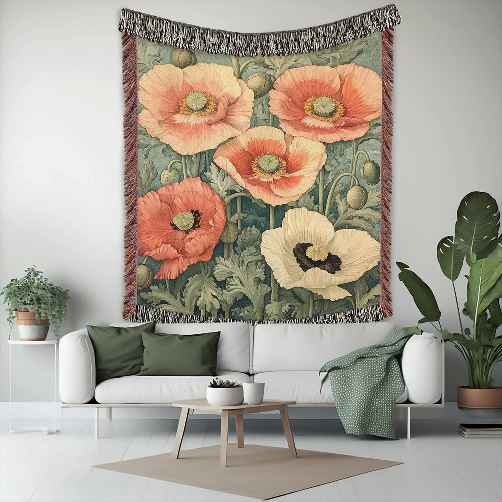 William Morris Inspired Blanket, Vintage Floral Blanket, Picnic Blanket, Woven Cotton Blanket, Cozy Reading Blanket, Poppies Throw Blanket