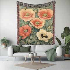 William Morris Inspired Blanket, Vintage Floral Blanket, Picnic Blanket, Woven Cotton Blanket, Cozy Reading Blanket, Poppies Throw Blanket