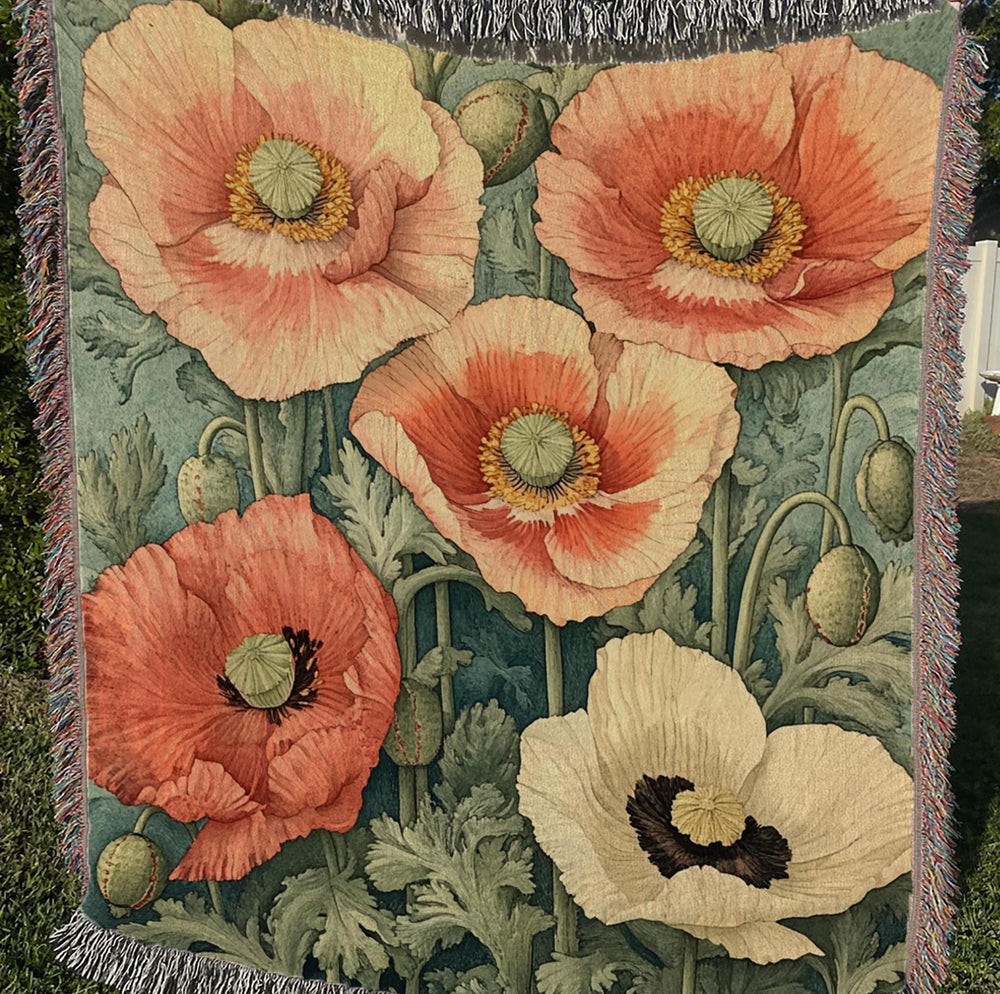 William Morris Inspired Blanket, Vintage Floral Blanket, Picnic Blanket, Woven Cotton Blanket, Cozy Reading Blanket, Poppies Throw Blanket