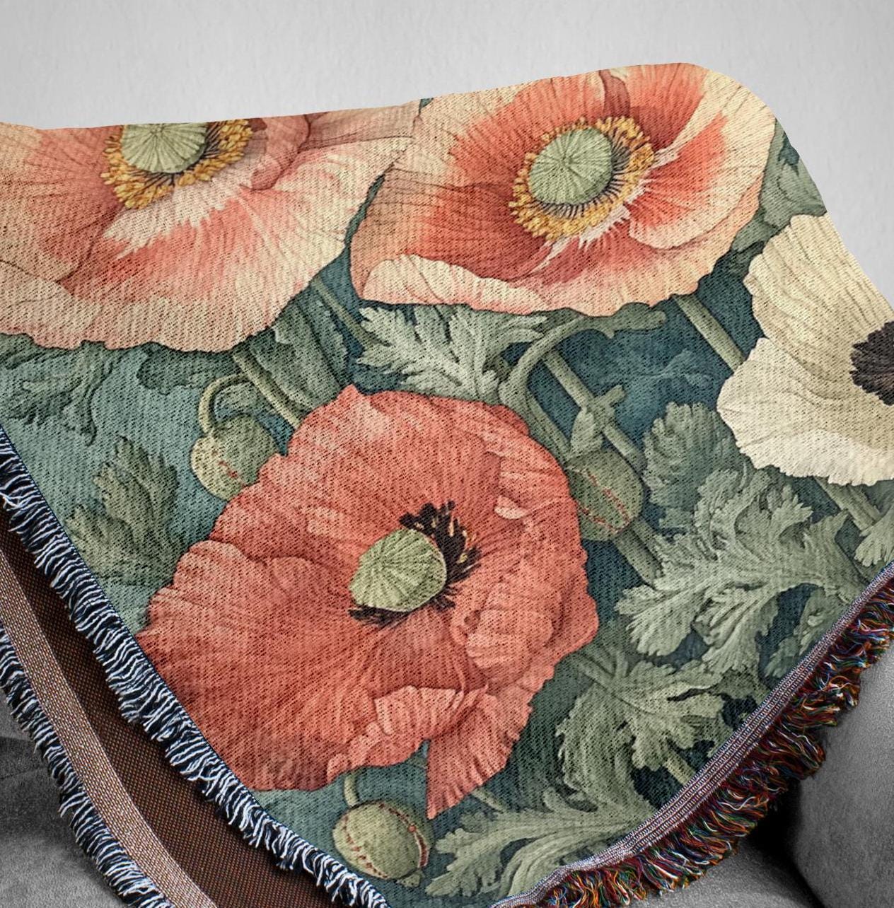William Morris Inspired Blanket, Vintage Floral Blanket, Picnic Blanket, Woven Cotton Blanket, Cozy Reading Blanket, Poppies Throw Blanket