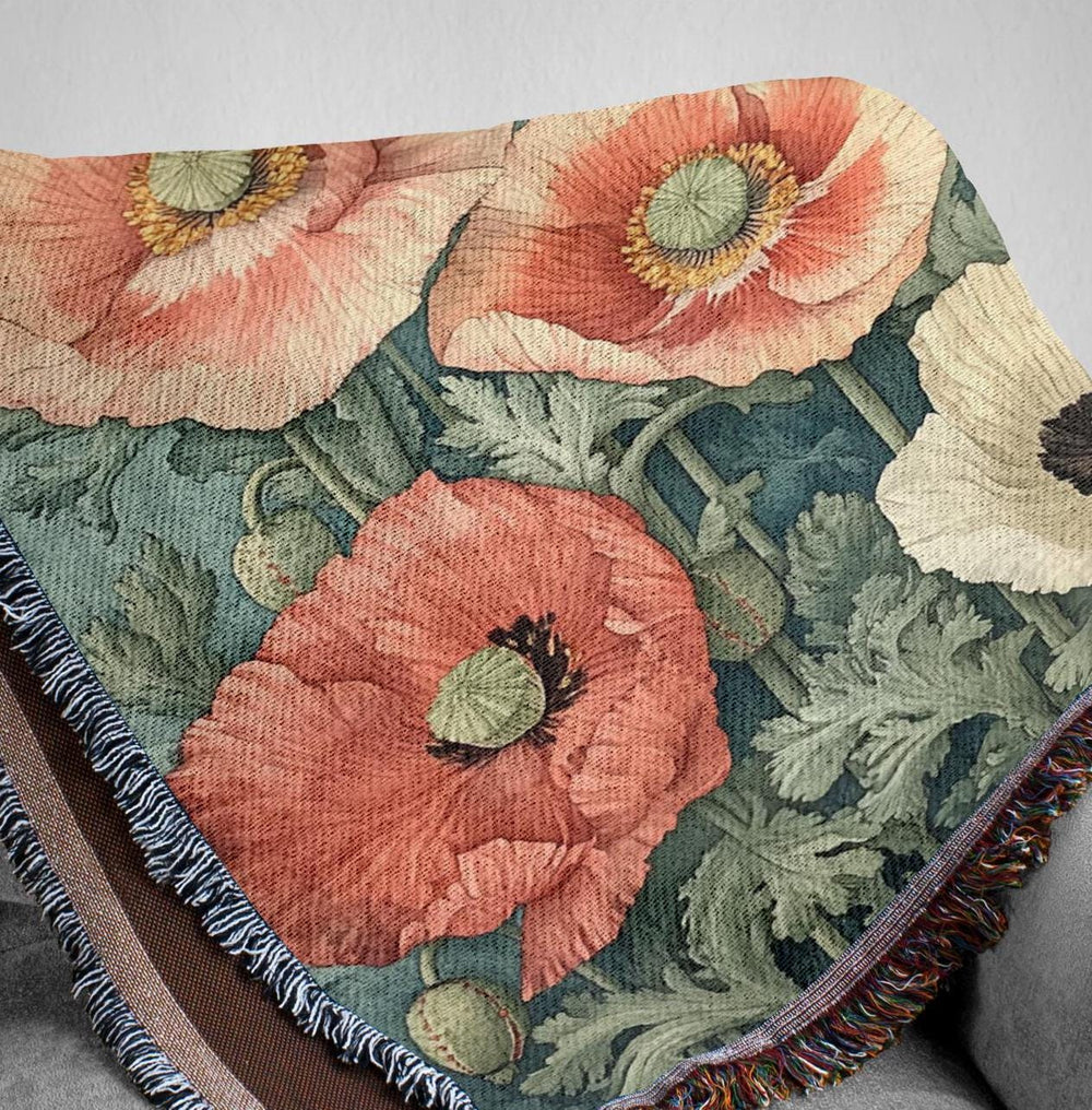 William Morris Inspired Blanket, Vintage Floral Blanket, Picnic Blanket, Woven Cotton Blanket, Cozy Reading Blanket, Poppies Throw Blanket