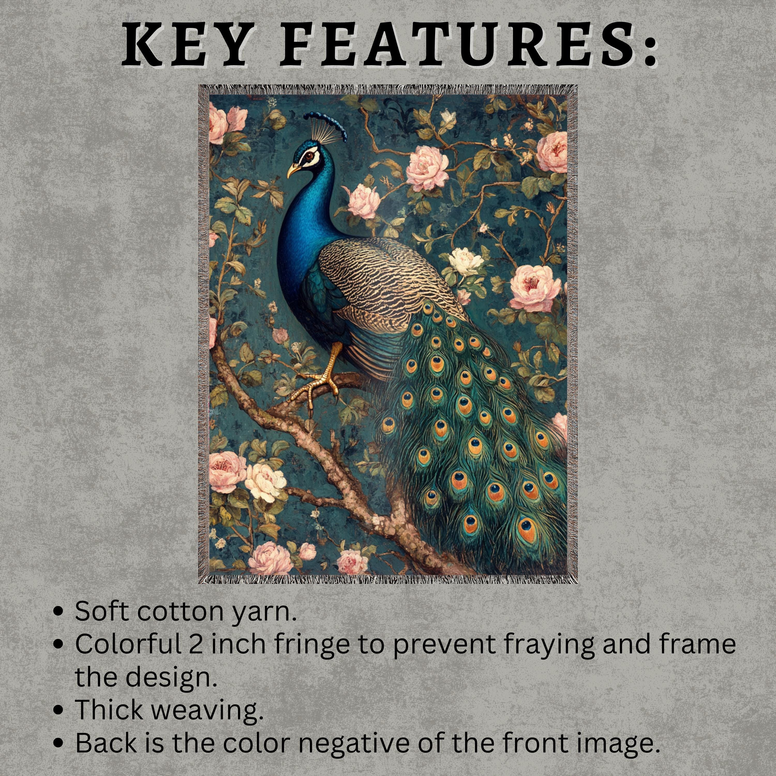 Vintage Peacock Throw Blanket, William Morris Inspired Woven Cotton Decor, Cozy Nature Bed Sofa Accent, Artistic Picnic Reading Home Blanket