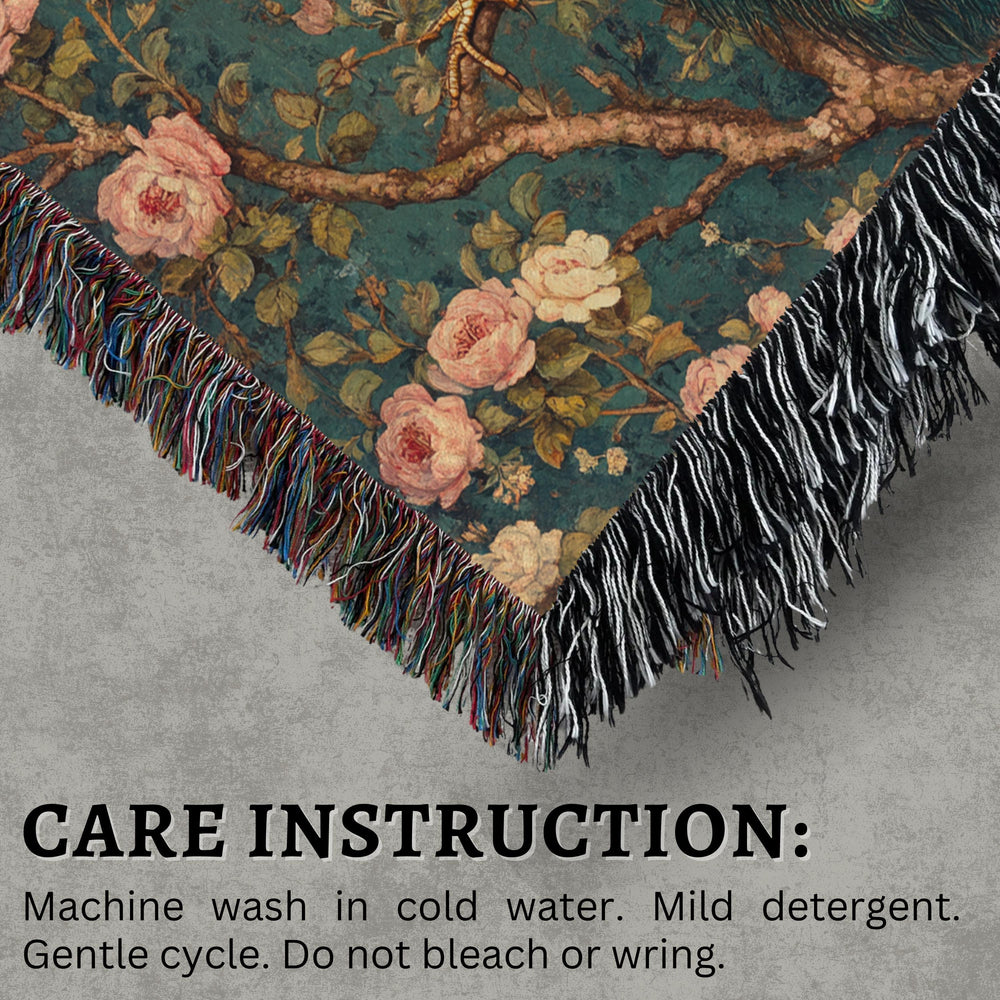 Vintage Peacock Throw Blanket, William Morris Inspired Woven Cotton Decor, Cozy Nature Bed Sofa Accent, Artistic Picnic Reading Home Blanket