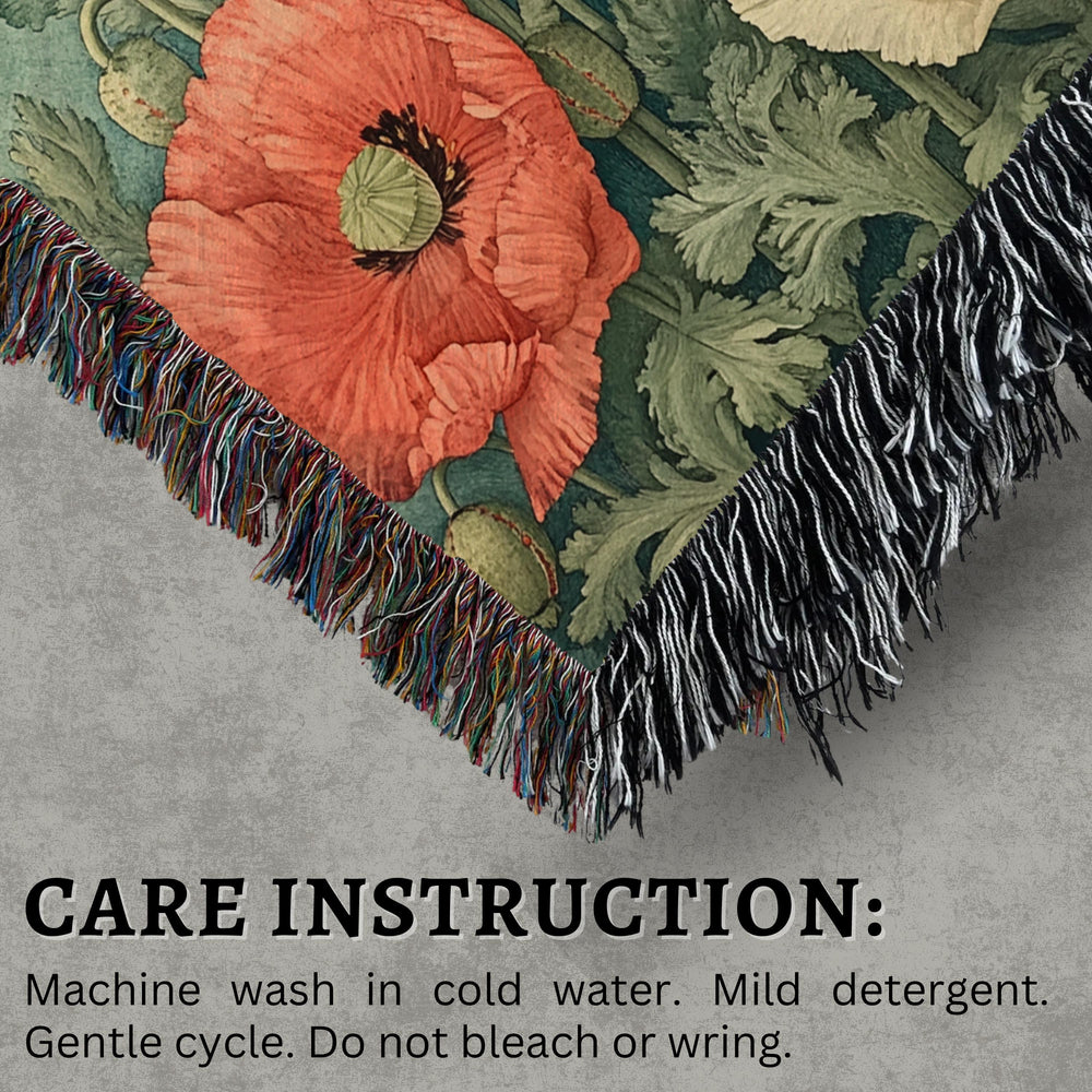 William Morris Inspired Blanket, Vintage Floral Blanket, Picnic Blanket, Woven Cotton Blanket, Cozy Reading Blanket, Poppies Throw Blanket