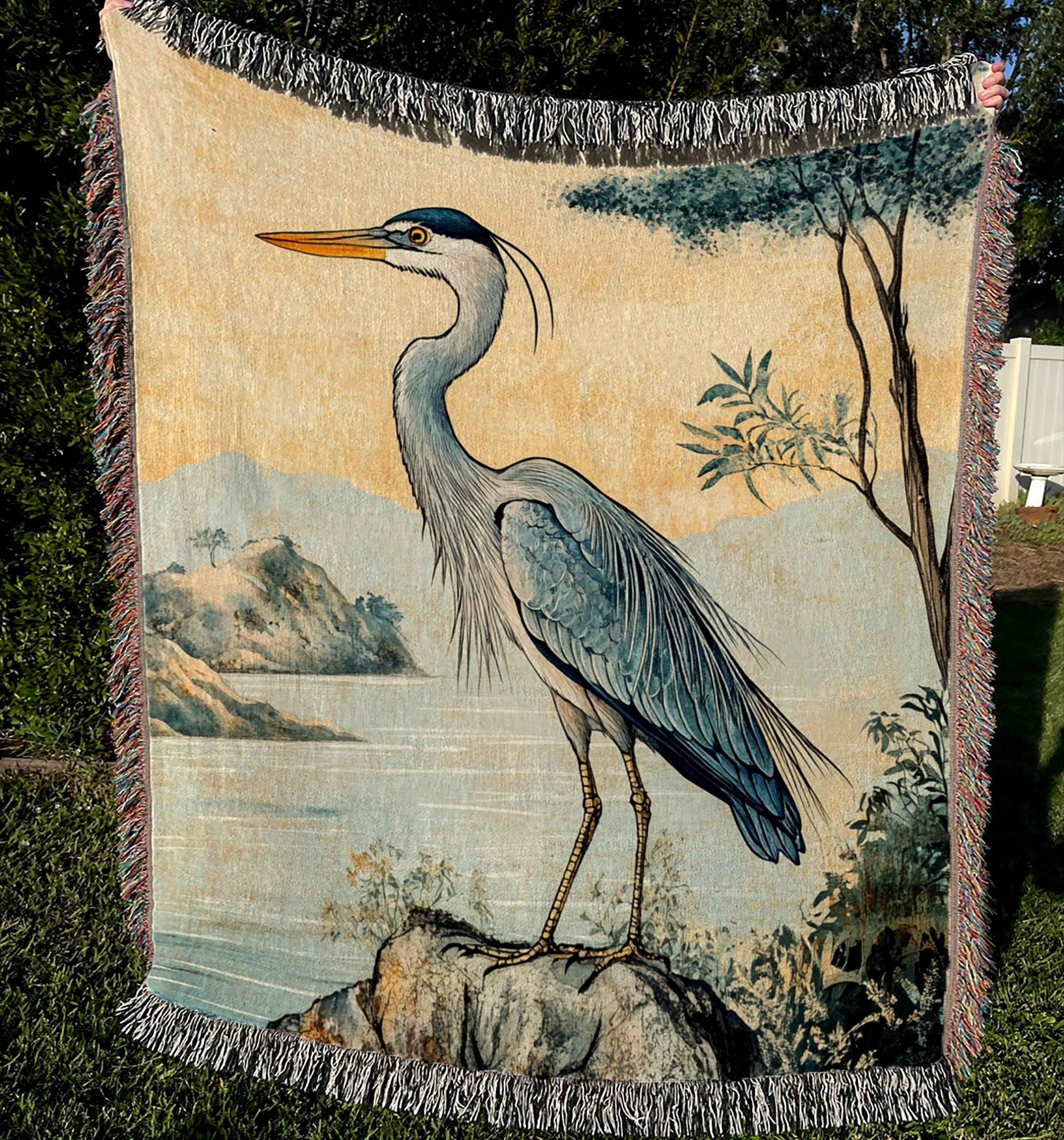 Coastal Heron Throw Blanket, Beach House Woven Decor, William Morris Nature Textile, Cozy Ocean Picnic Throw, Nautical Home Accent