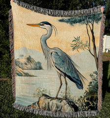 Coastal Heron Throw Blanket, Beach House Woven Decor, William Morris Nature Textile, Cozy Ocean Picnic Throw, Nautical Home Accent