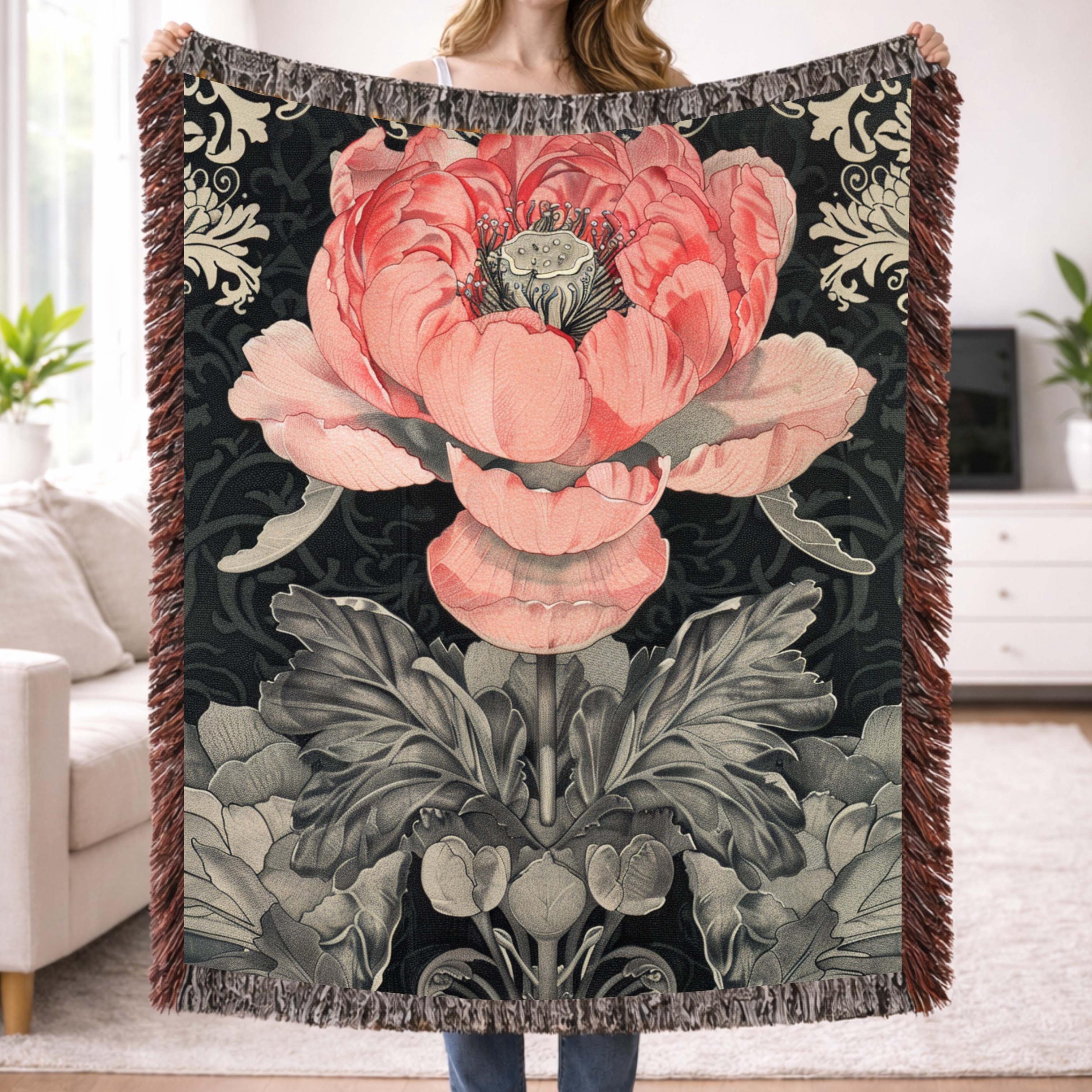 Pink Peony Woven Blanket Vintage Botanical Floral Throw Cozy Cottagecore Home Decor Elegant Flower Tapestry Blanket