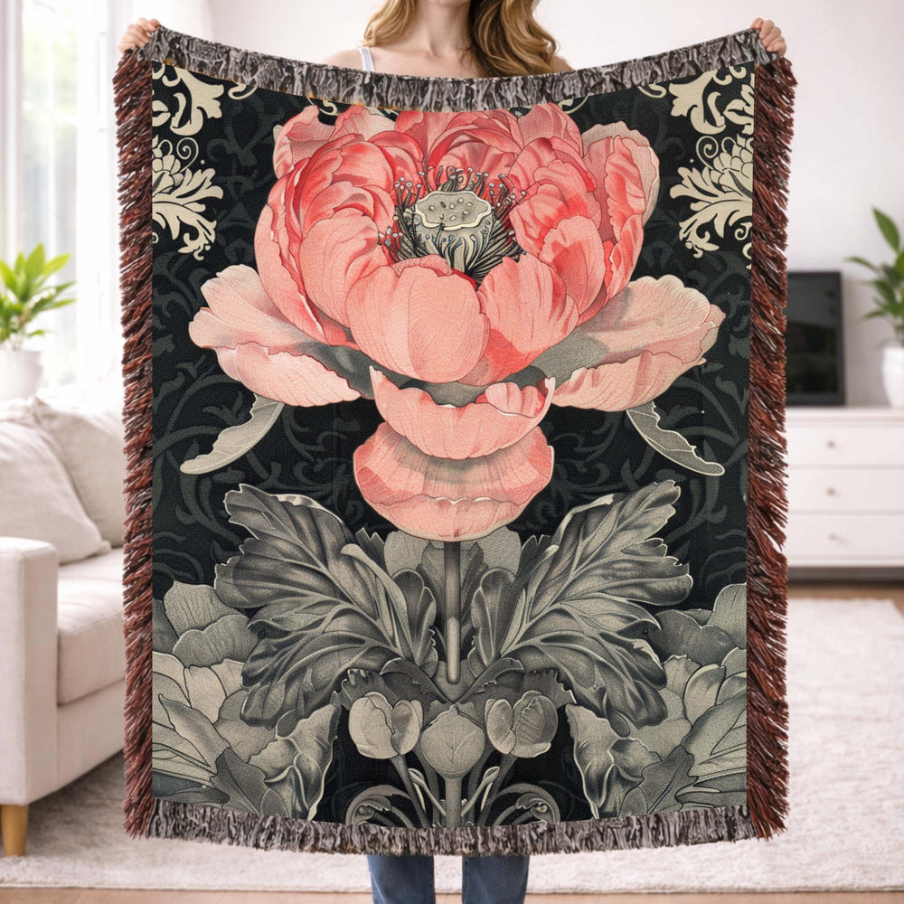 Pink Peony Woven Blanket Vintage Botanical Floral Throw Cozy Cottagecore Home Decor Elegant Flower Tapestry Blanket