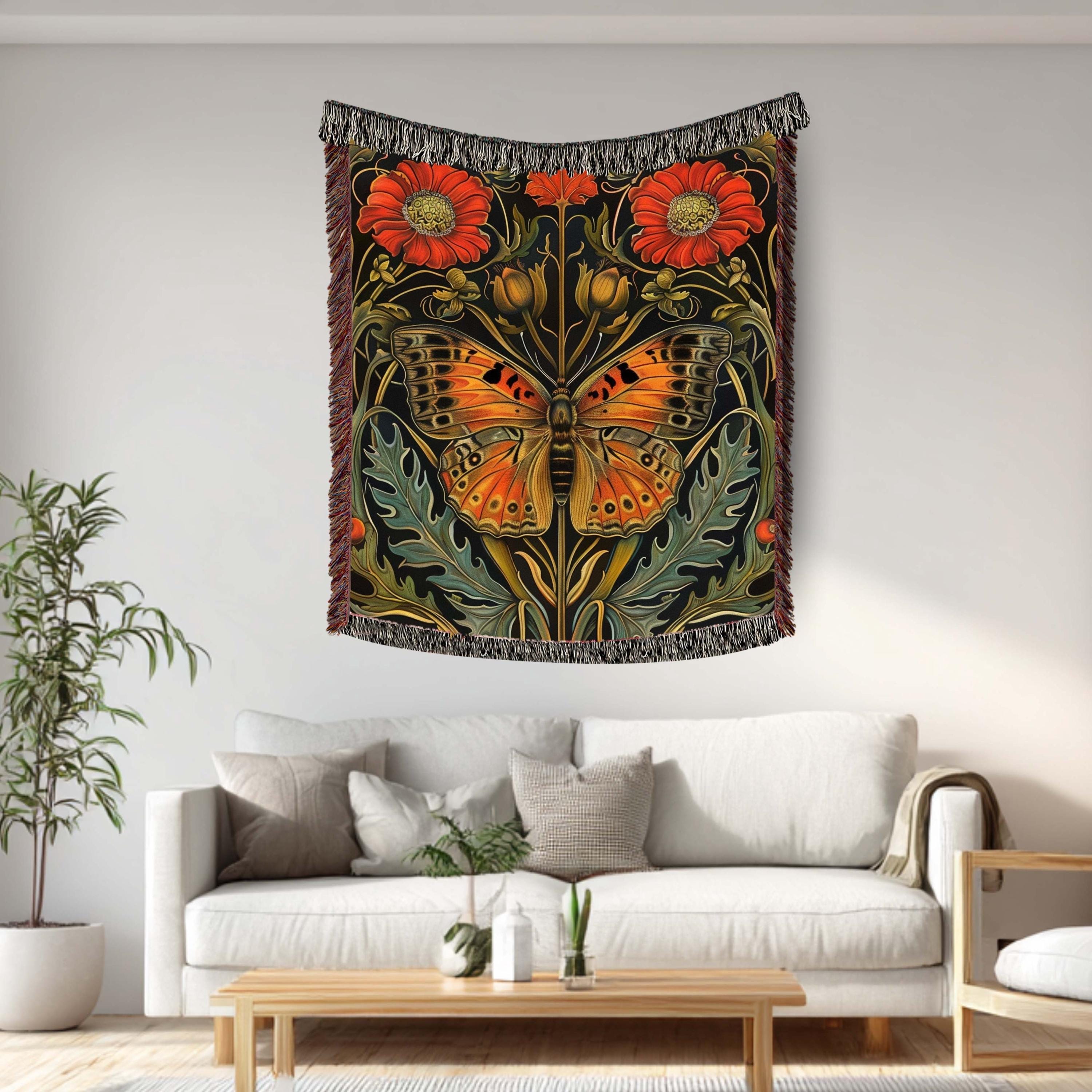 Art Nouveau Butterfly Woven Blanket Vintage Insect Floral Tapestry Nature Inspired Decorative Throw