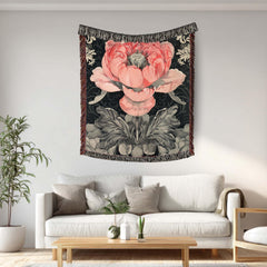 Pink Peony Woven Blanket Vintage Botanical Floral Throw Cozy Cottagecore Home Decor Elegant Flower Tapestry Blanket