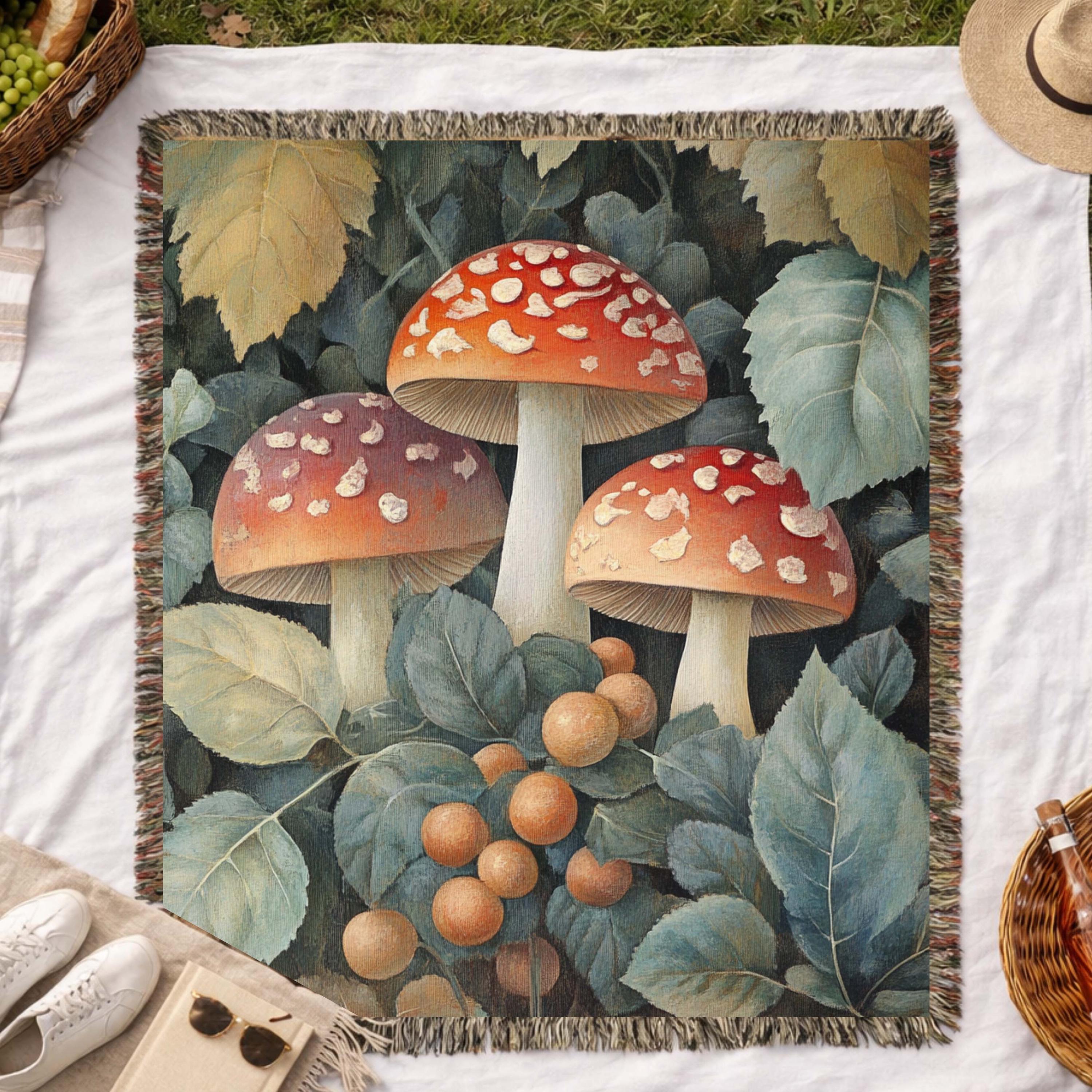 Vintage Mushroom Botanical Woven Blanket, Forest Fungi Art Throw, Cozy Woodland Tapestry