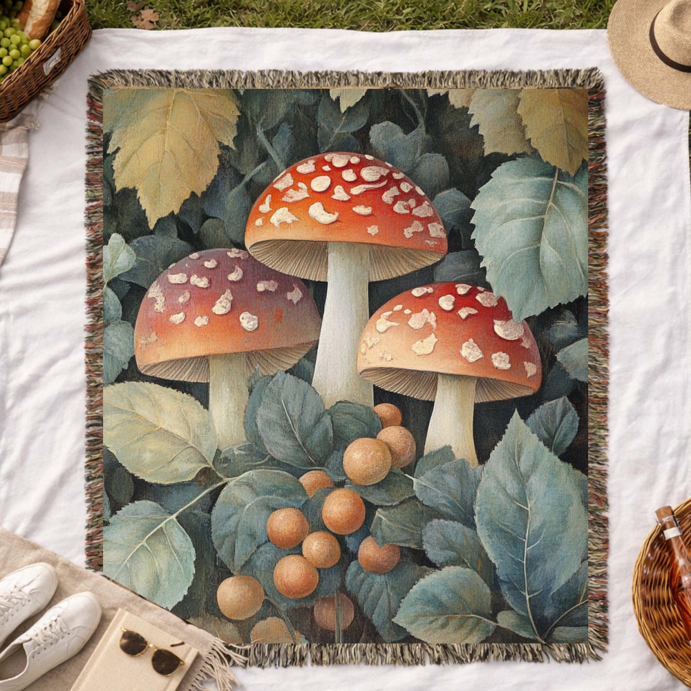 Vintage Mushroom Botanical Woven Blanket, Forest Fungi Art Throw, Cozy Woodland Tapestry