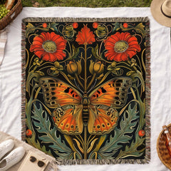 Art Nouveau Butterfly Woven Blanket Vintage Insect Floral Tapestry Nature Inspired Decorative Throw