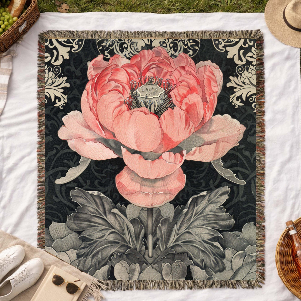 Pink Peony Woven Blanket Vintage Botanical Floral Throw Cozy Cottagecore Home Decor Elegant Flower Tapestry Blanket