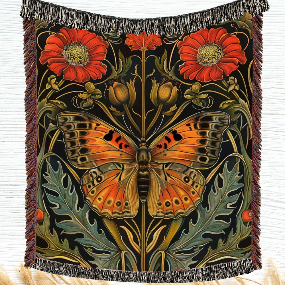 Art Nouveau Butterfly Woven Blanket Vintage Insect Floral Tapestry Nature Inspired Decorative Throw