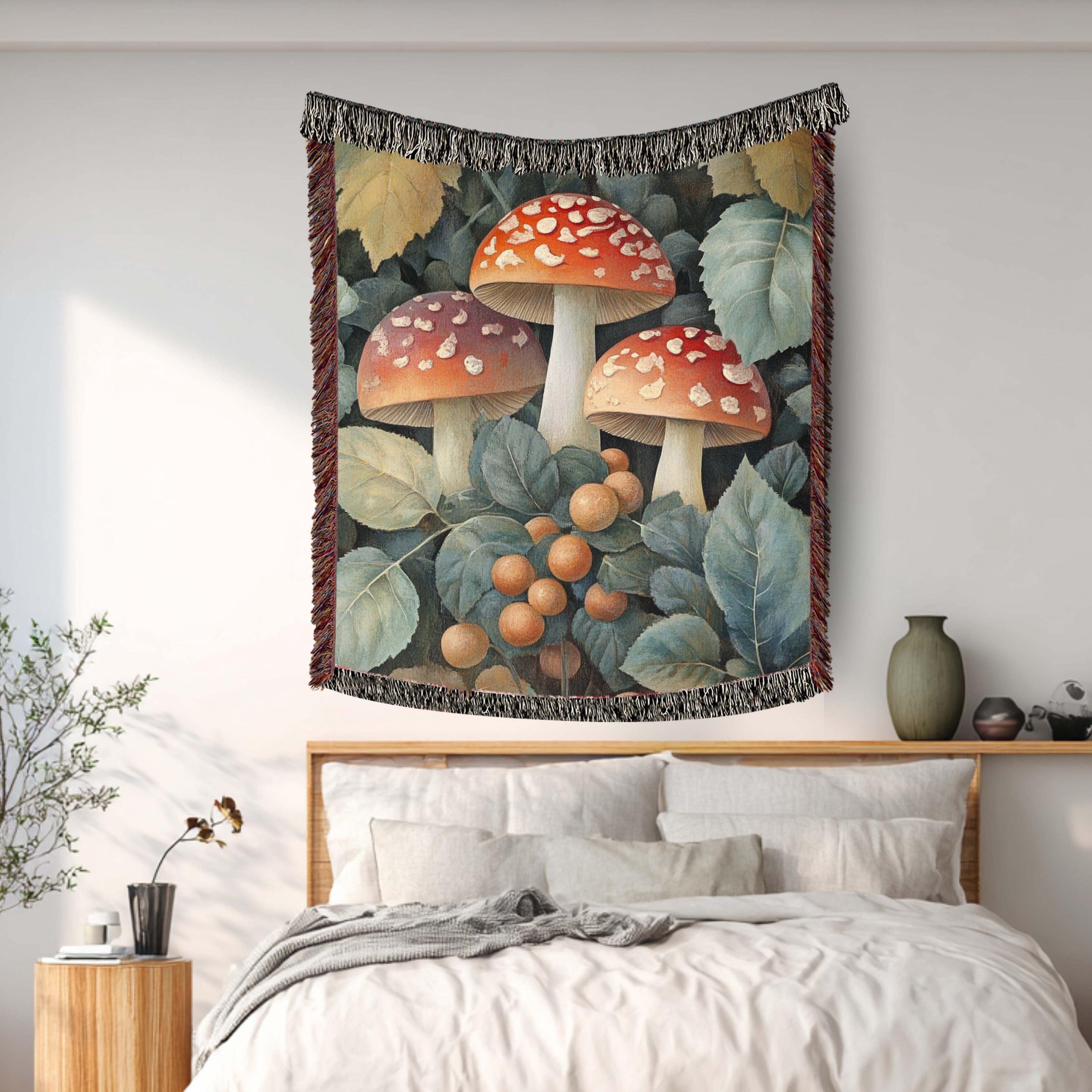 Vintage Mushroom Botanical Woven Blanket, Forest Fungi Art Throw, Cozy Woodland Tapestry