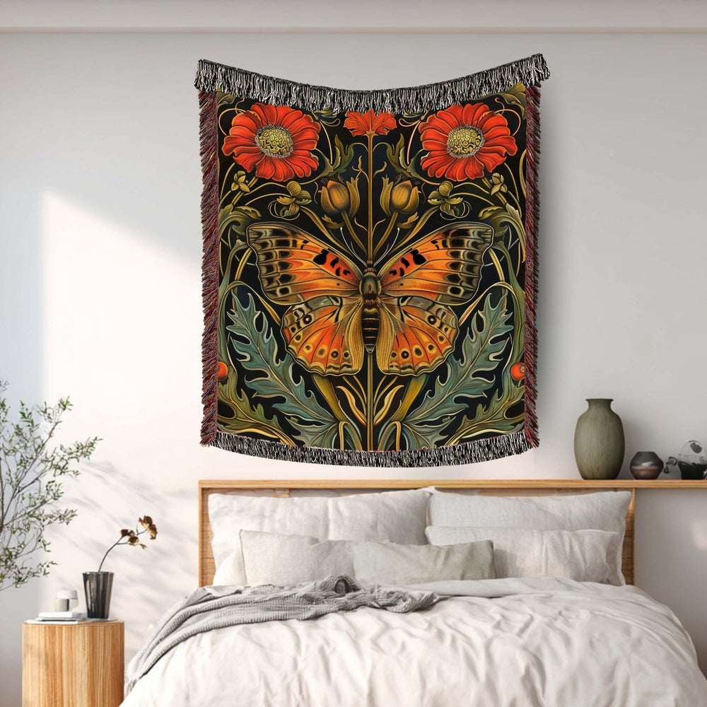 Art Nouveau Butterfly Woven Blanket Vintage Insect Floral Tapestry Nature Inspired Decorative Throw