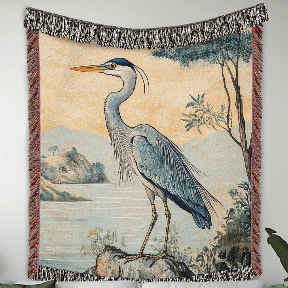 Coastal Heron Throw Blanket, Beach House Woven Decor, William Morris Nature Textile, Cozy Ocean Picnic Throw, Nautical Home Accent