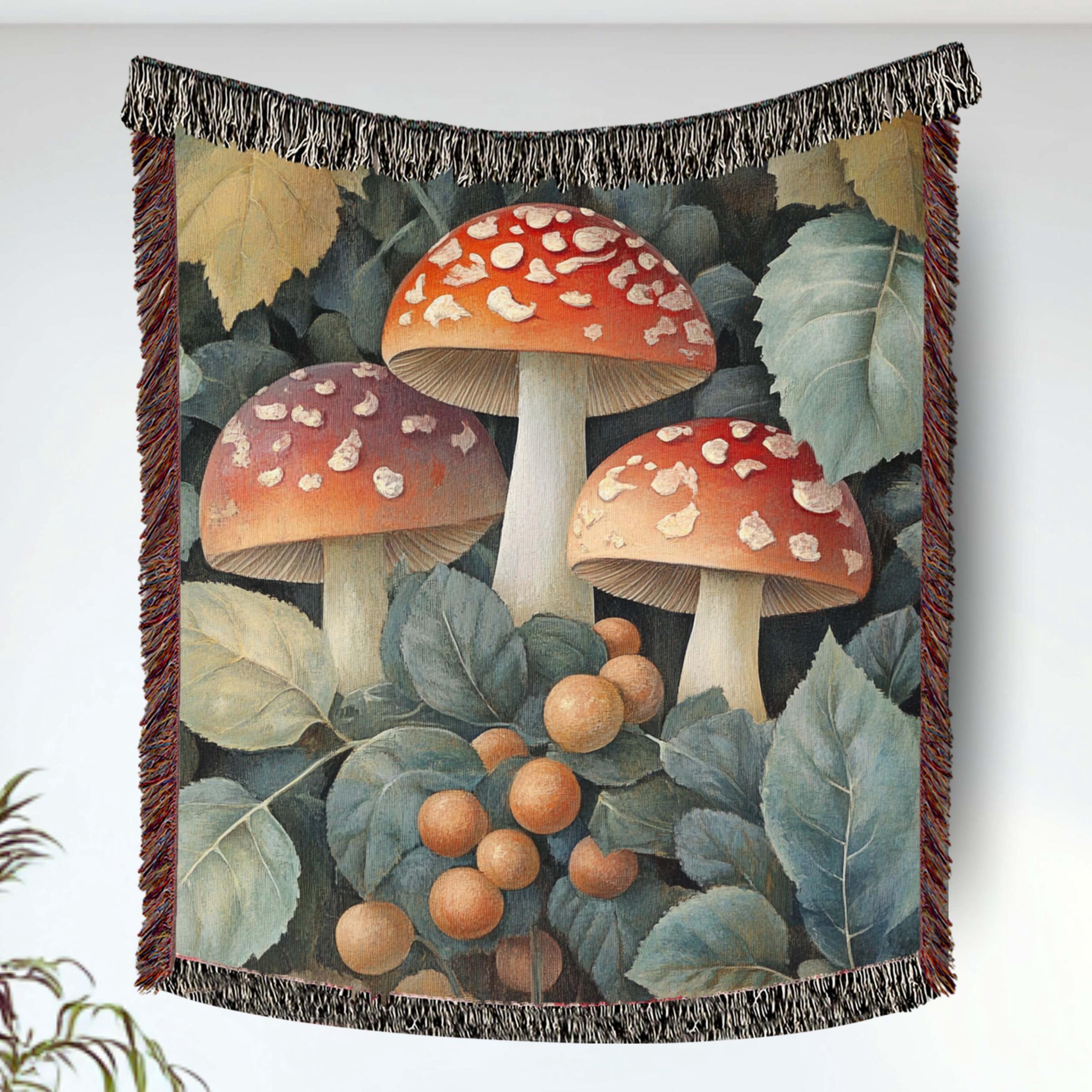 Vintage Mushroom Botanical Woven Blanket, Forest Fungi Art Throw, Cozy Woodland Tapestry