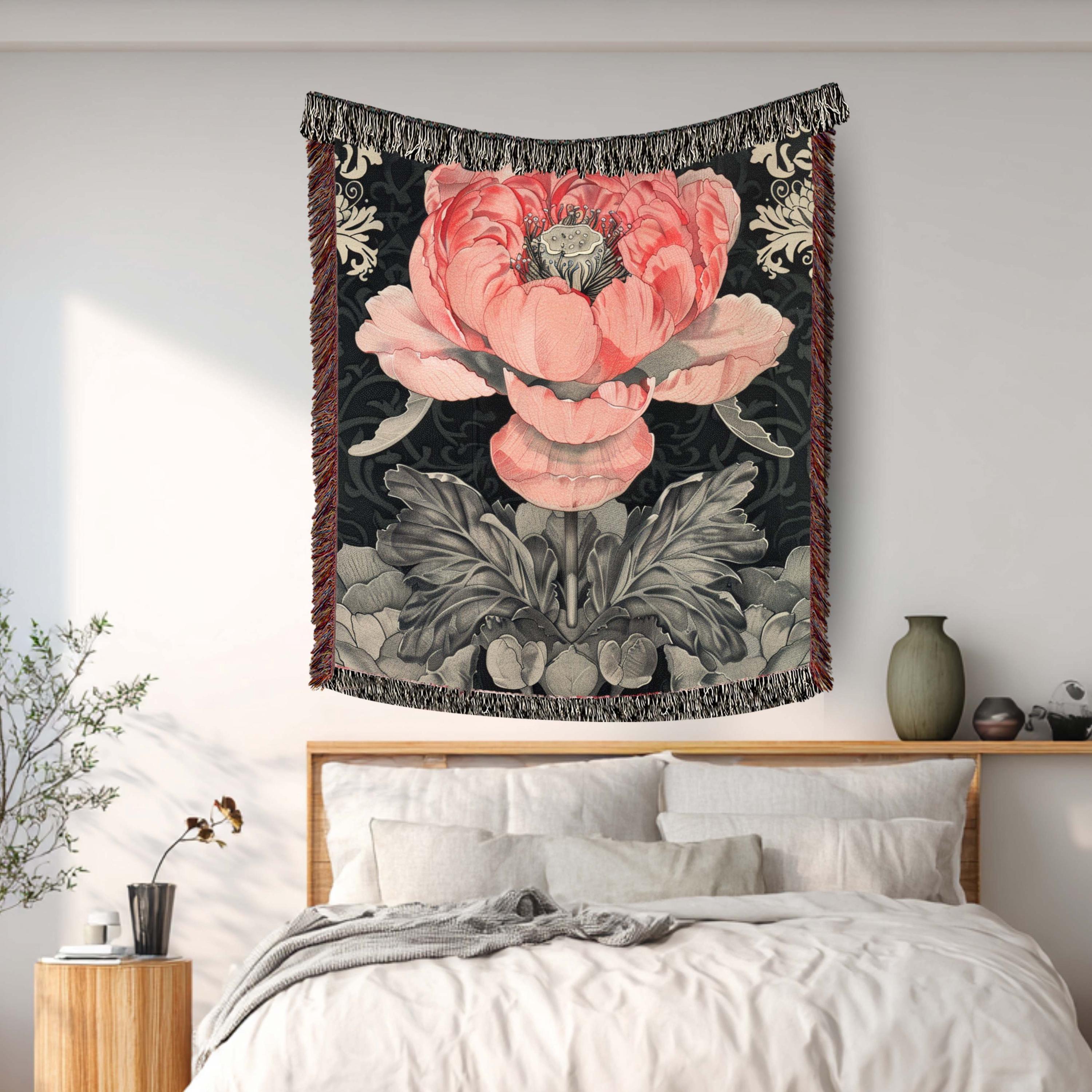 Pink Peony Woven Blanket Vintage Botanical Floral Throw Cozy Cottagecore Home Decor Elegant Flower Tapestry Blanket