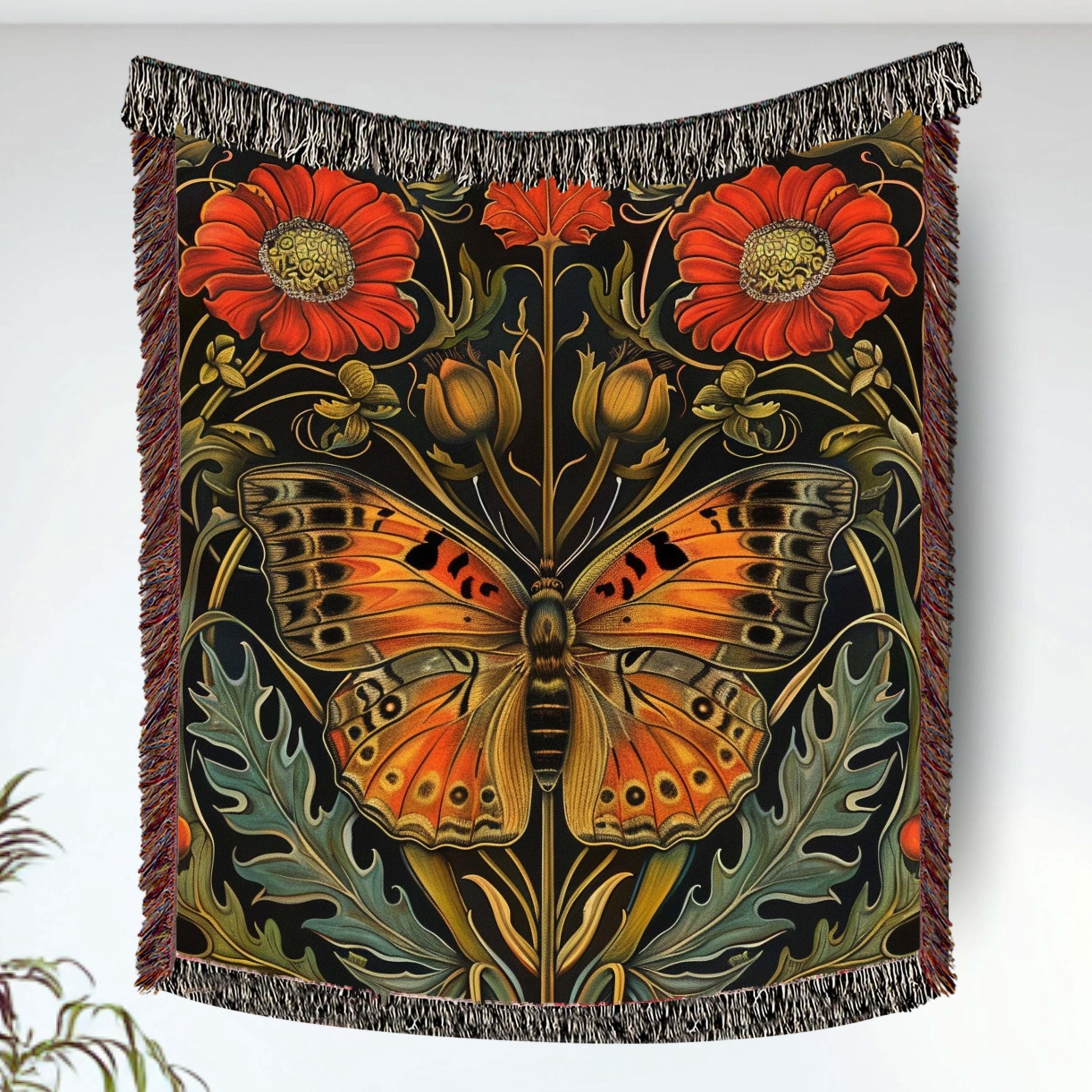 Art Nouveau Butterfly Woven Blanket Vintage Insect Floral Tapestry Nature Inspired Decorative Throw