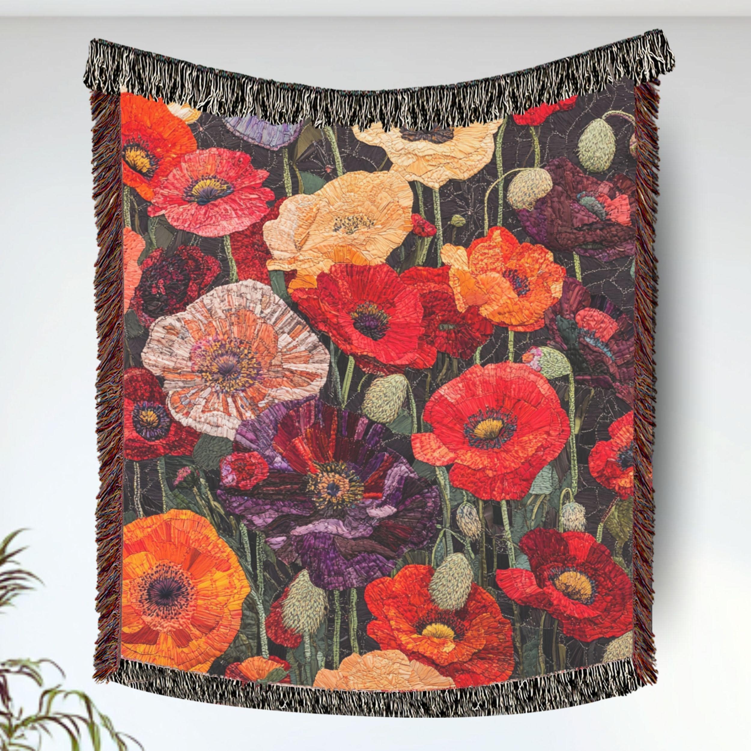 Poppy Woven Blanket, Bold Floral Tapestry, Garden Inspired Cozy Decorative Throw