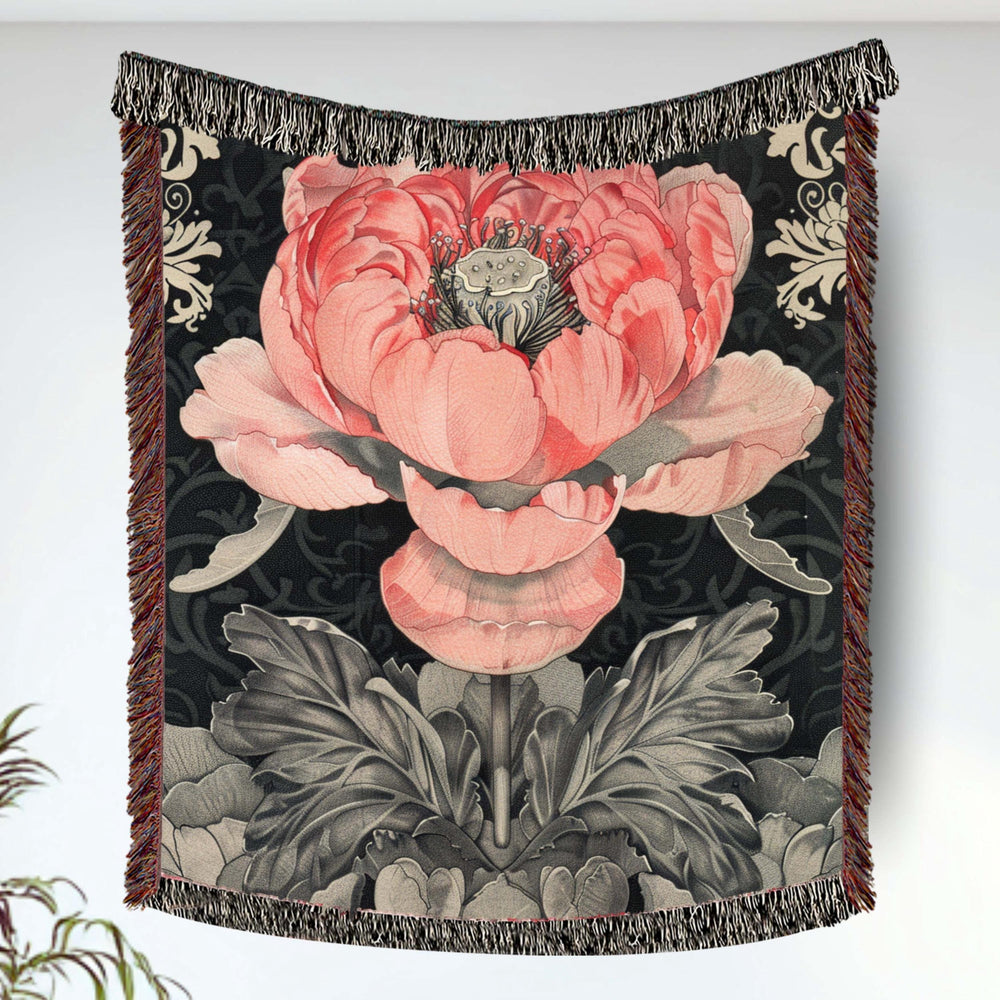 Pink Peony Woven Blanket Vintage Botanical Floral Throw Cozy Cottagecore Home Decor Elegant Flower Tapestry Blanket
