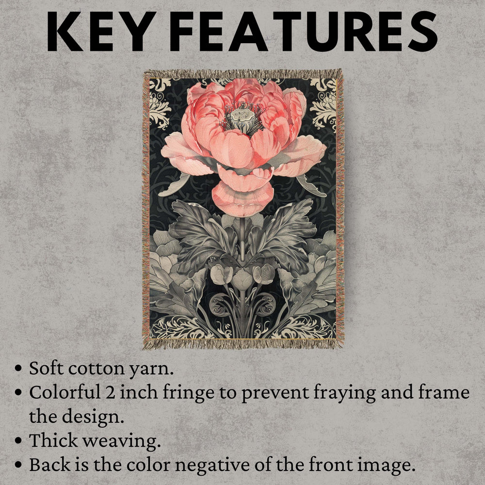 Pink Peony Woven Blanket Vintage Botanical Floral Throw Cozy Cottagecore Home Decor Elegant Flower Tapestry Blanket