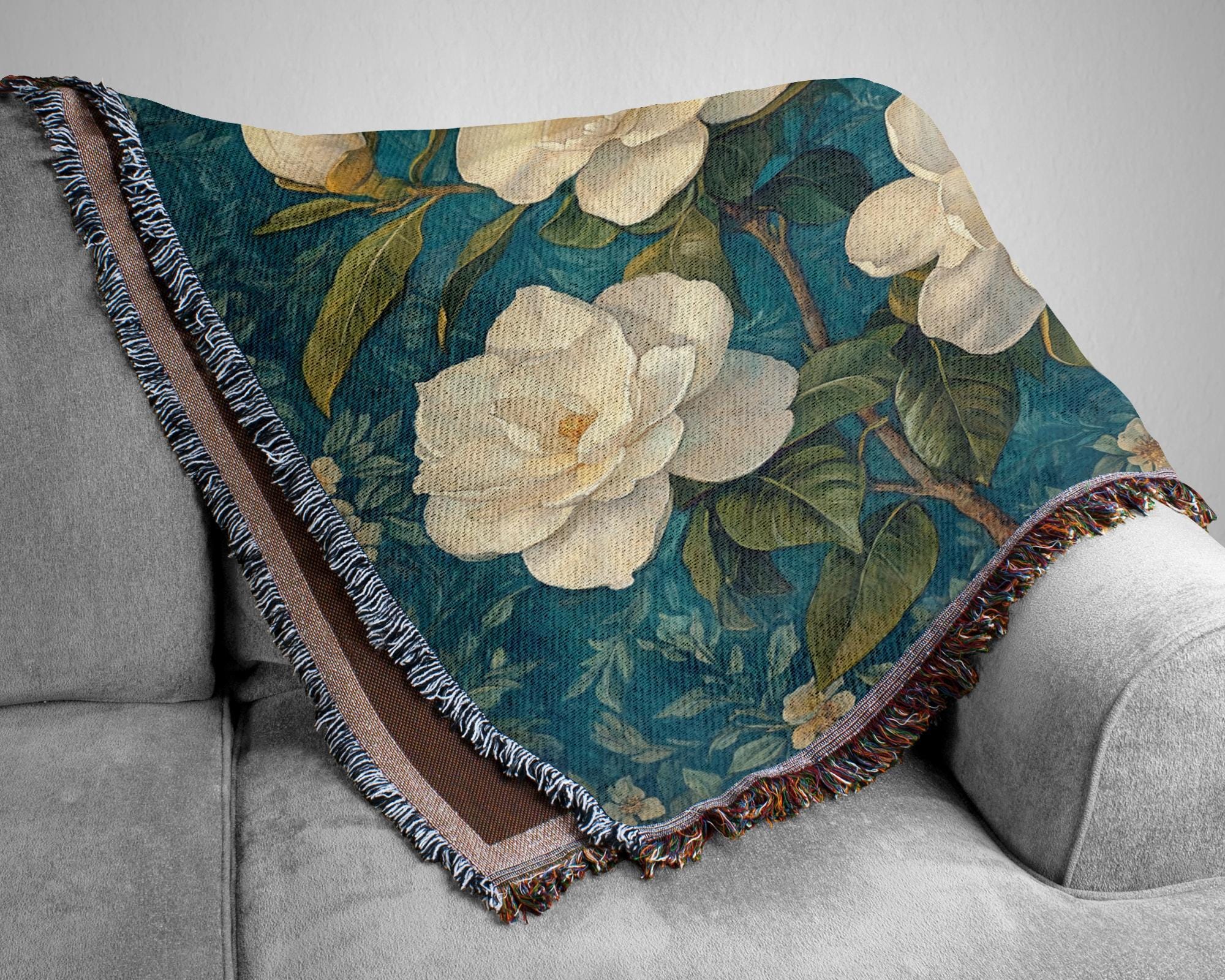 Vintage Gardenias Throw Blanket, Floral Picnic Blanket, William Morris Inspired Blanket, Living Room Couch Blanket, Nature-Inspired Blanket