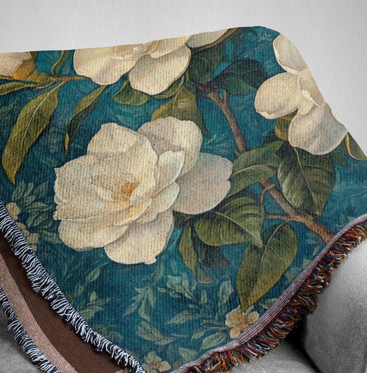 Vintage Gardenias Throw Blanket, Floral Picnic Blanket, William Morris Inspired Blanket, Living Room Couch Blanket, Nature-Inspired Blanket